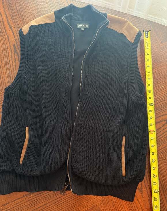 Orvis Mens XL Large Heavyweight Knit Full Zip Black Vest Suede Shoulder Patches - Picture 2 of 5